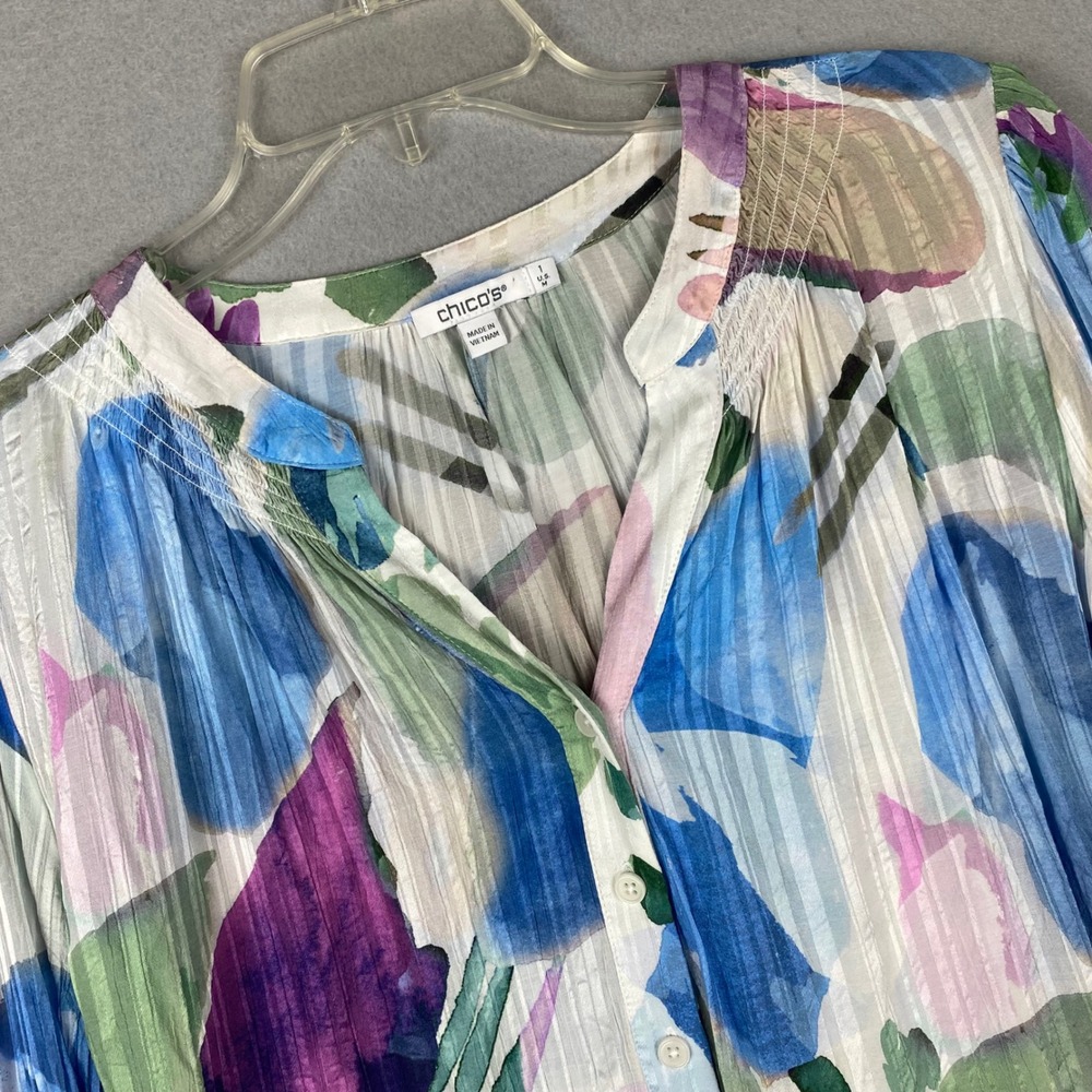 Chicos Abstract Floral Watercolor Button Down Blouse Blue Purple Size 1 M
